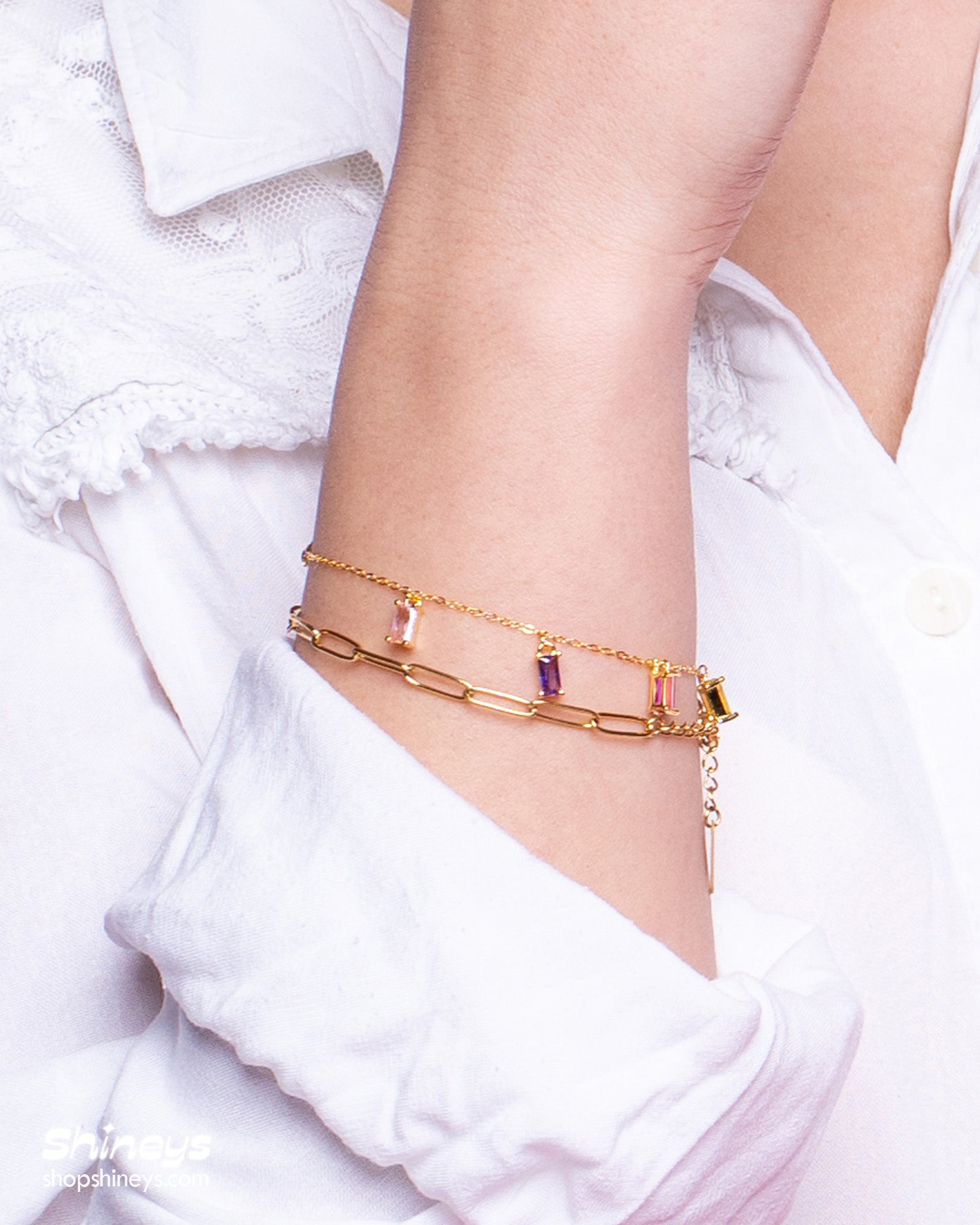 The Kenzie Stone Drop Bracelet styled with the Alia Chain Bracelet