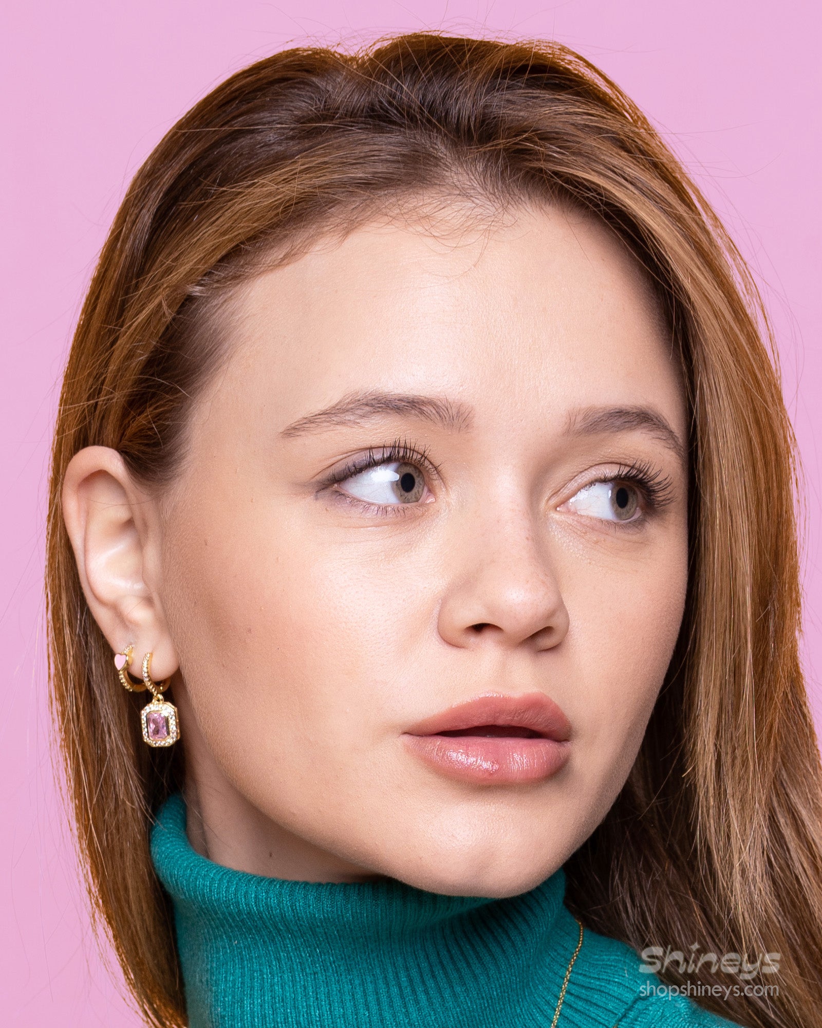 The Ksenia Stone Drop Earrings shown with the Bambi Pink Heart Huggies
