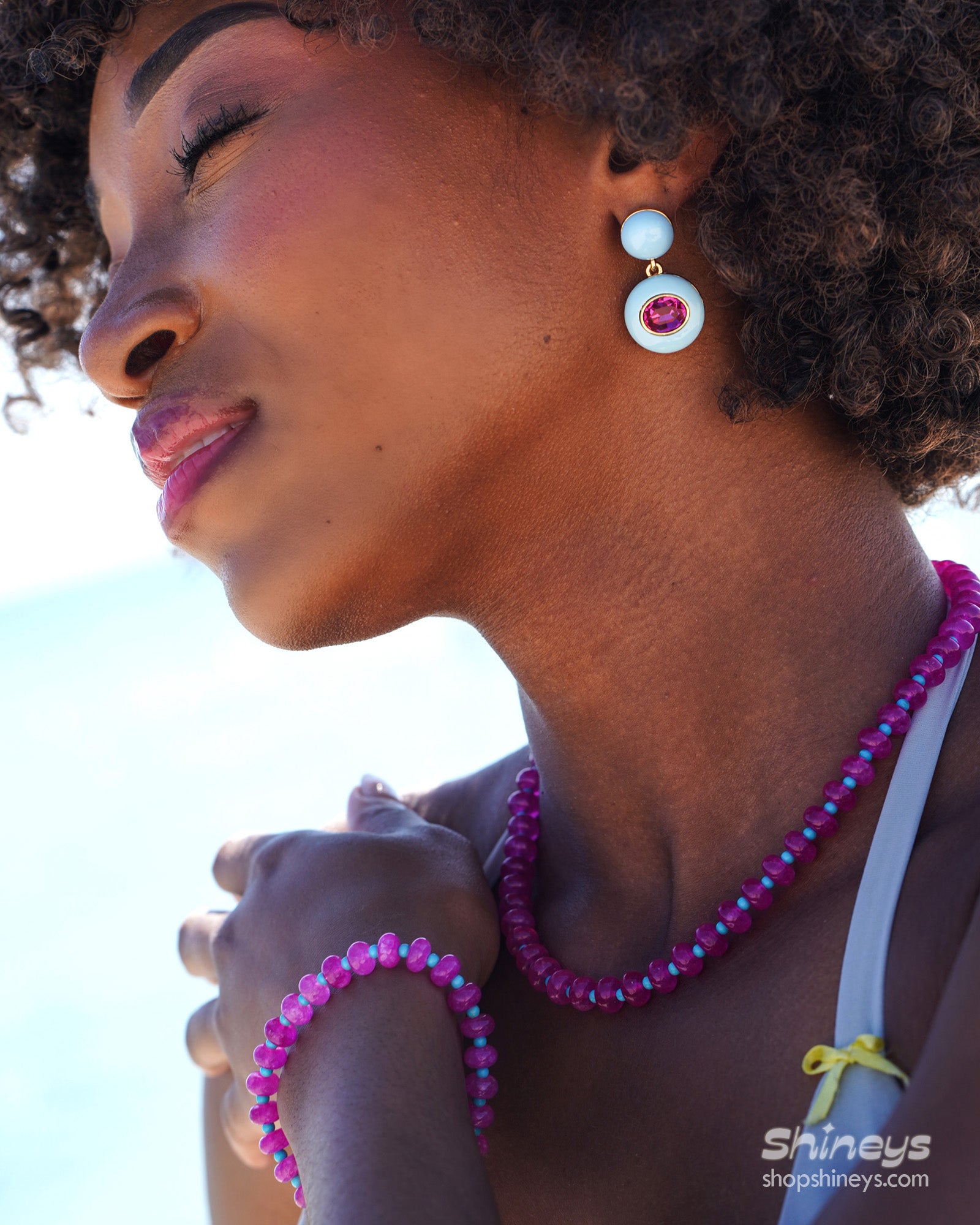 The Marnie Pink Beaded Necklace and Bracelet, shown with the Laguna Statement Earrings
