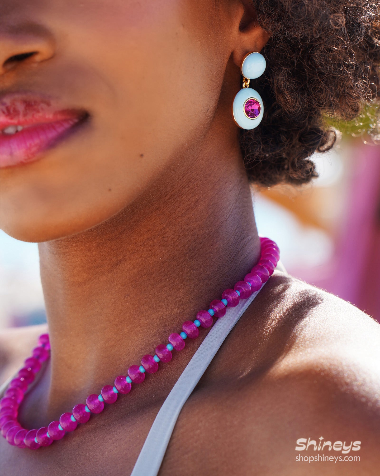 The Marnie Pink Beaded Necklace styled with the Laguna Statement Earrings