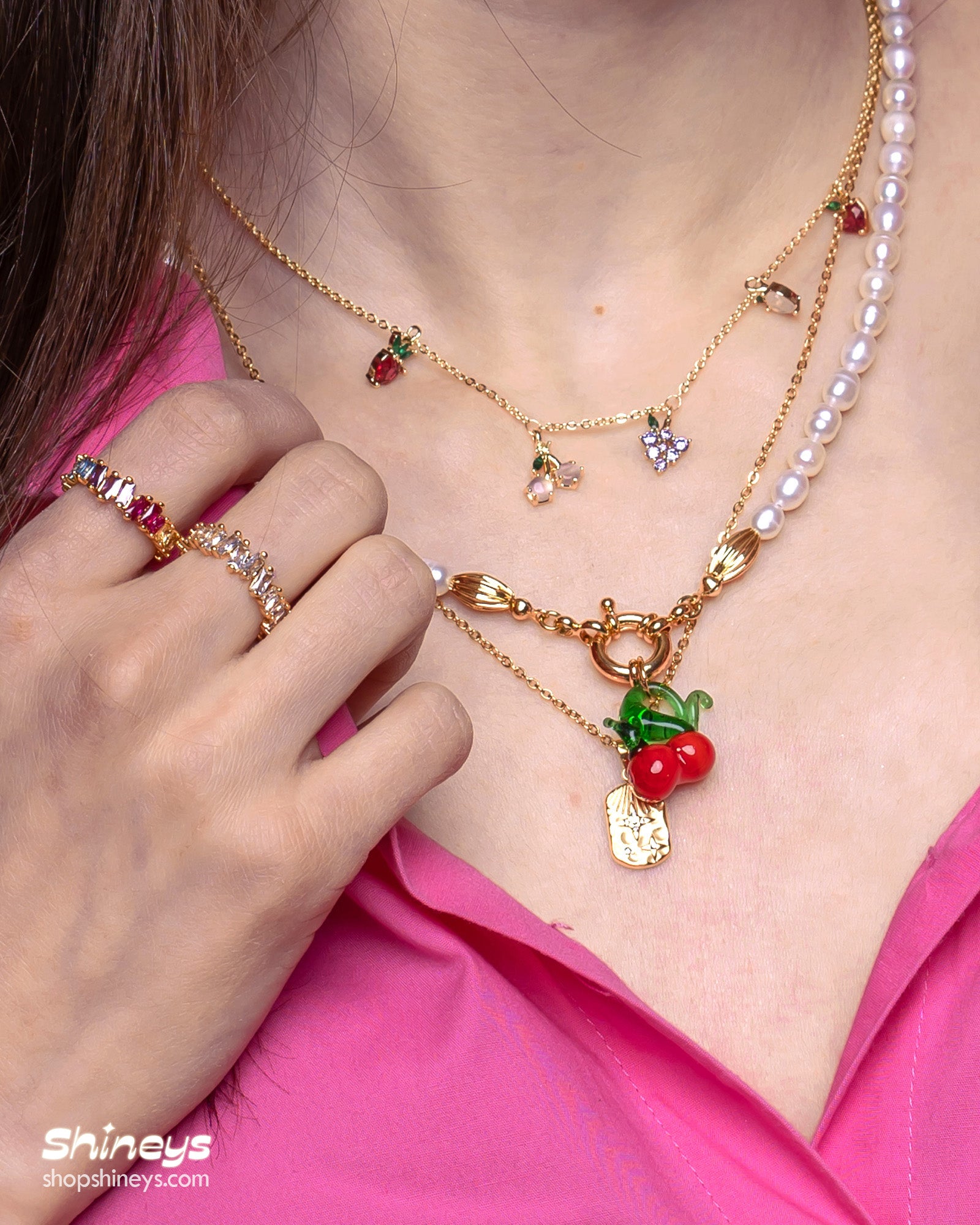 The Lolli Cherry Pearl Necklace, Jolly Fruit Stone Necklace, and Elanor Stone Ring