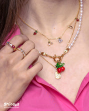 The Lolli Cherry Pearl Necklace, Jolly Fruit Stone Necklace, and Elanor Stone Ring