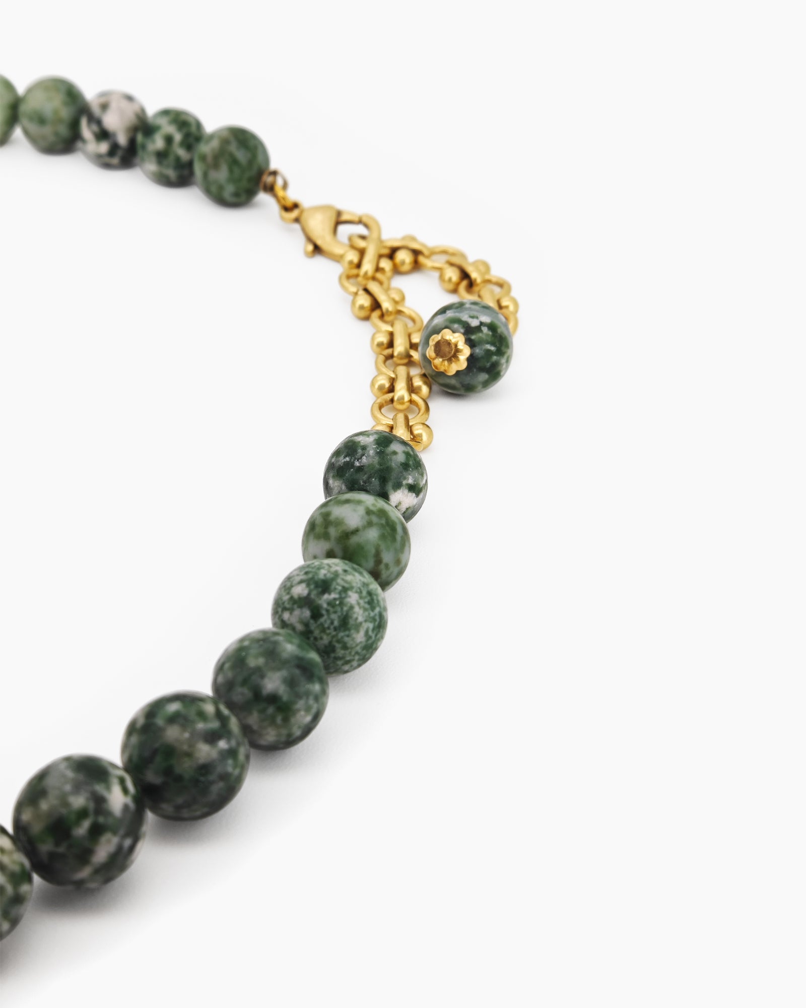 A hand-strung necklace of natural green jasper beads with soft, marbled tones for a grounded, elegant look