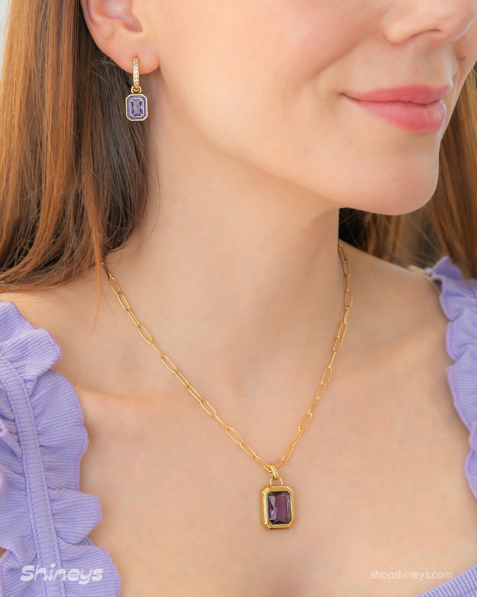 The Gabriella Stone Pendent Necklace styled with the Dahlia Stone Drop Earrings