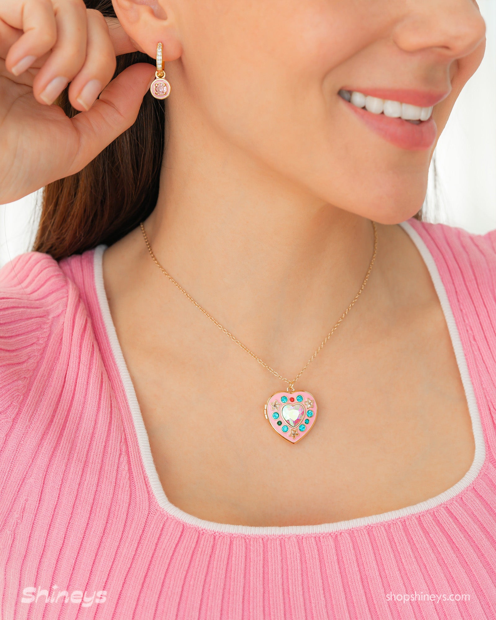 The Heidi Heart Locket Necklace paired with the Jasmine Stone Drop Earrings
