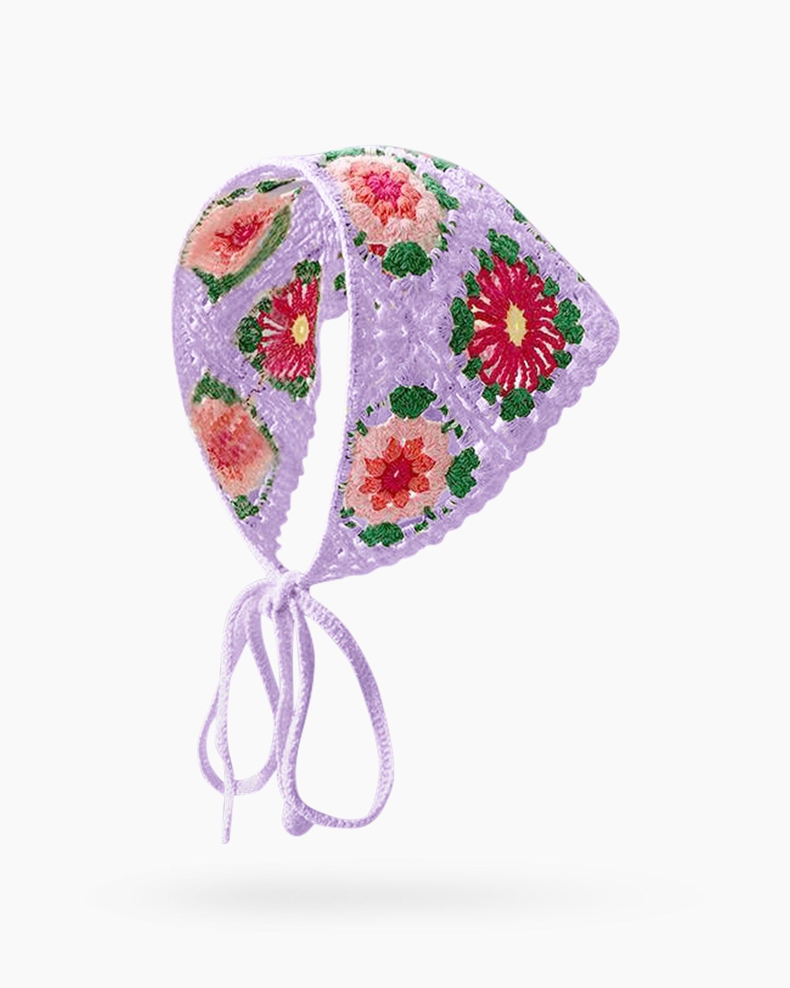 A hand-crocheted granny square headscarf in light-purple with vibrant floral motifs for a joyful, retro charm