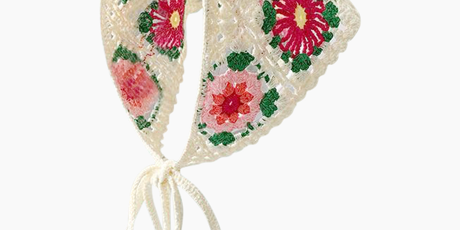 A hand-crocheted granny square headscarf in white with vibrant floral motifs for a joyful, retro charm