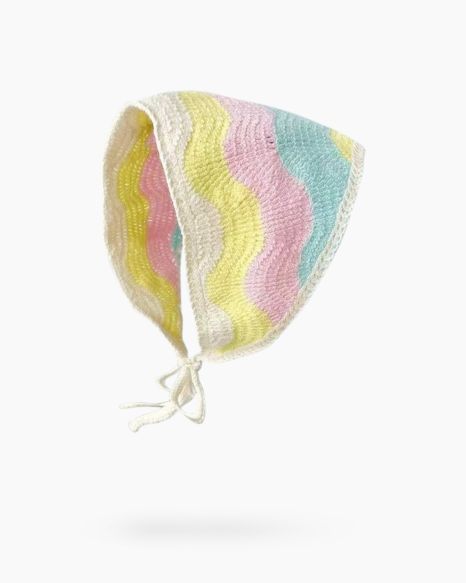 A lightweight, handwoven triangle headscarf with a pastel wave pattern in blue, pink, yellow, and white