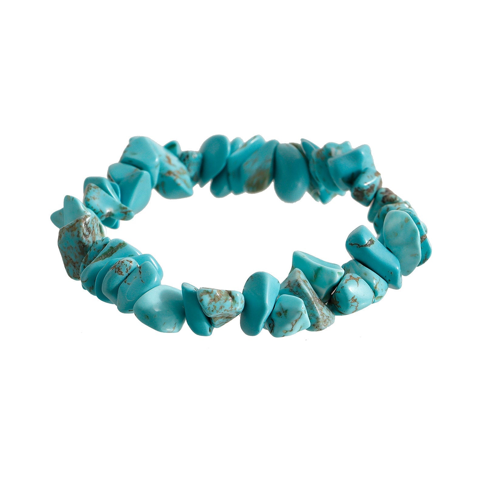 A stretch bracelet of irregular turquoise-toned stones, like pebbles collected from the shore
