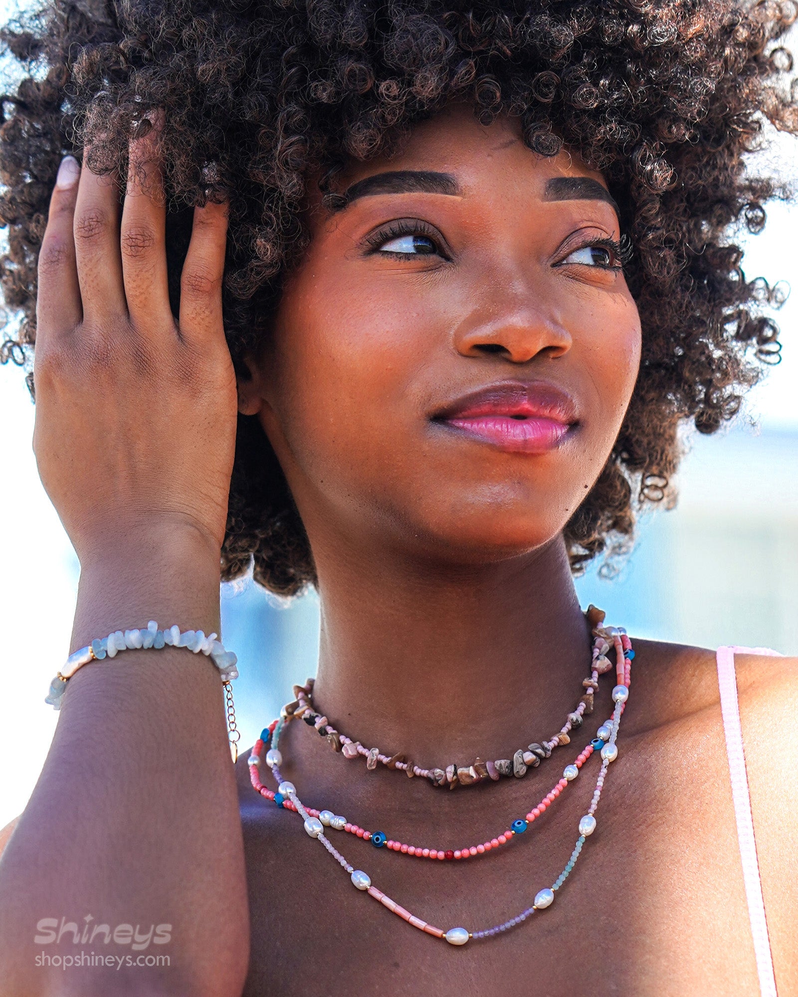 A set of beaded necklaces and a bracelet, including the Terra Earthy Beaded Necklace
